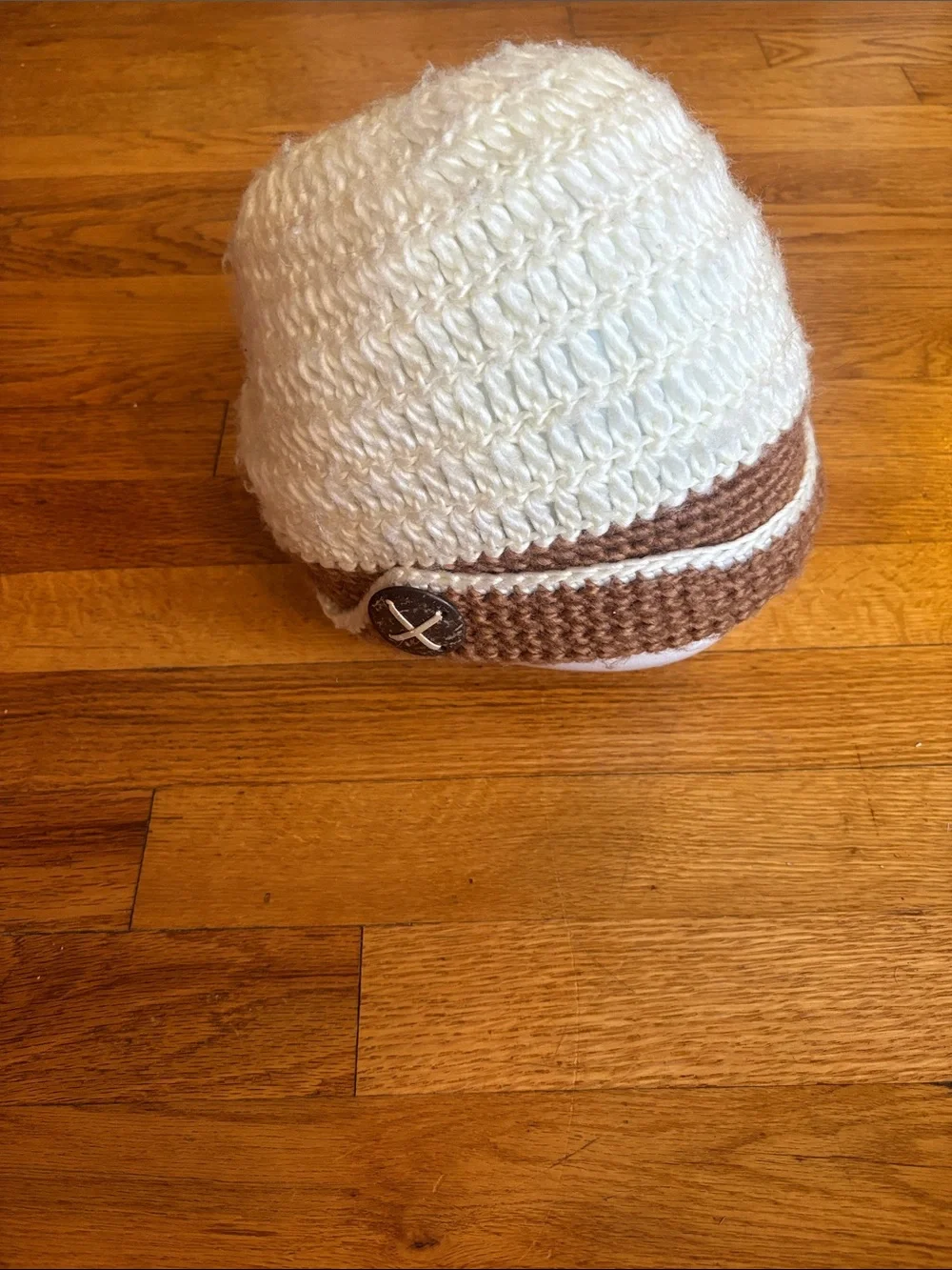 Knit Cream and Brown Crochet Beanie with Button Accent